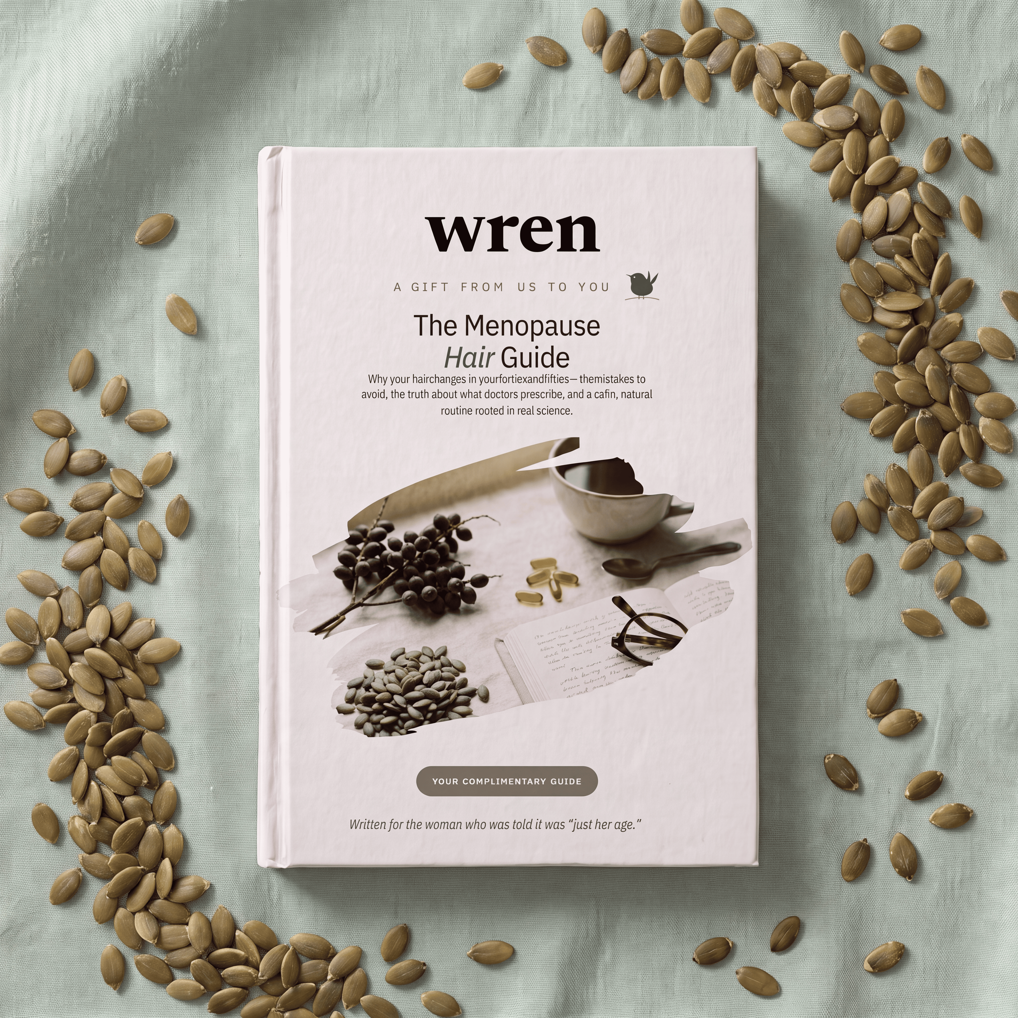 A hardcover book titled 'wren The Menopause Hair Guide' lies flat on a pale blue-green fabric background, surrounded by scattered sunflower seeds. The cover is mostly white with black text and a sepia-toned illustration of herbs, a spoon, and a pill bottle.